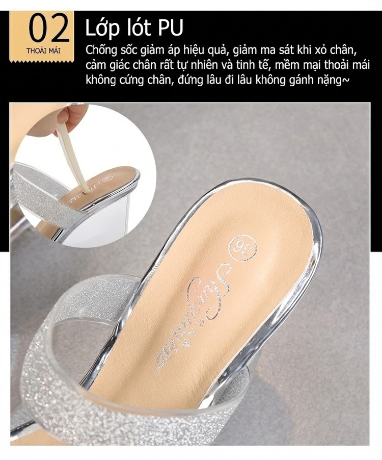 Giày Sandal Cao Gót Nữ Quai Trong Suốt Đế Xuồng Gót Cao 8cm Màu Đen, Vàng, Bạc chi tiết 45