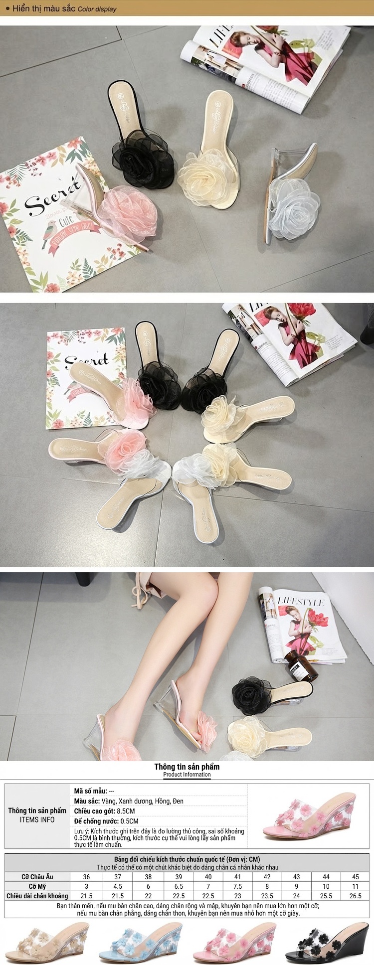 Giày Sandal Cao Gót Nữ Đế Xuồng Quai Trong Suốt Đính Hoa Gót Cao 8cm Màu Đen, Kem, Hồng, Trắng... chi tiết 1
