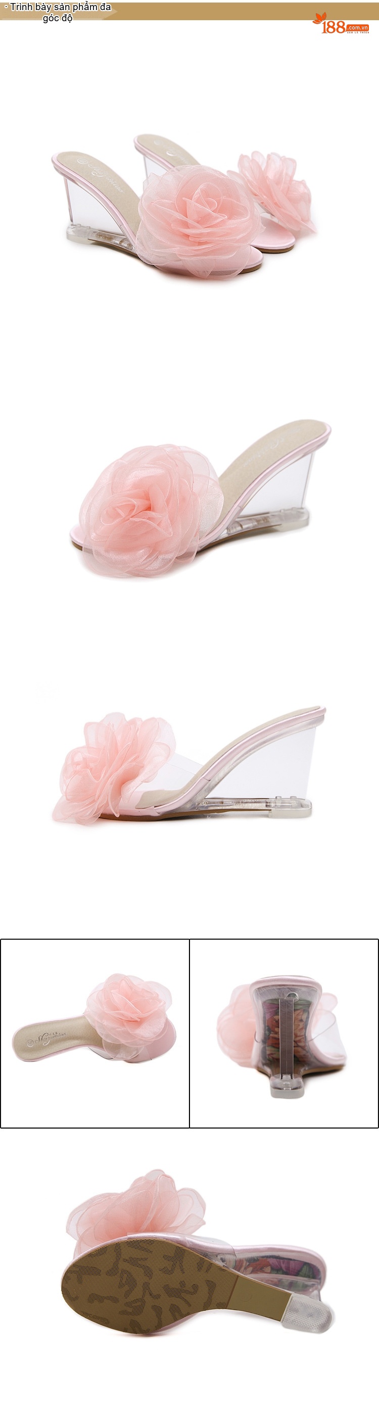 Giày Sandal Cao Gót Nữ Đế Xuồng Quai Trong Suốt Đính Hoa Gót Cao 8cm Màu Đen, Kem, Hồng, Trắng... chi tiết 4