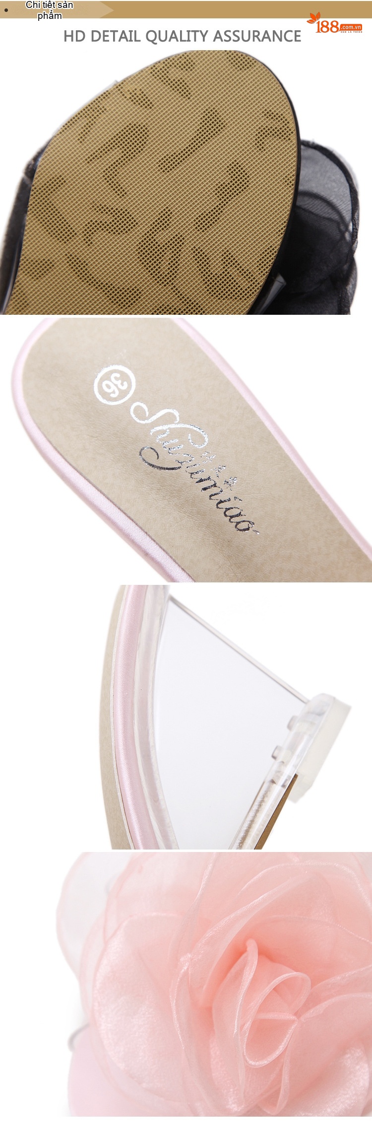 Giày Sandal Cao Gót Nữ Đế Xuồng Quai Trong Suốt Đính Hoa Gót Cao 8cm Màu Đen, Kem, Hồng, Trắng... chi tiết 6