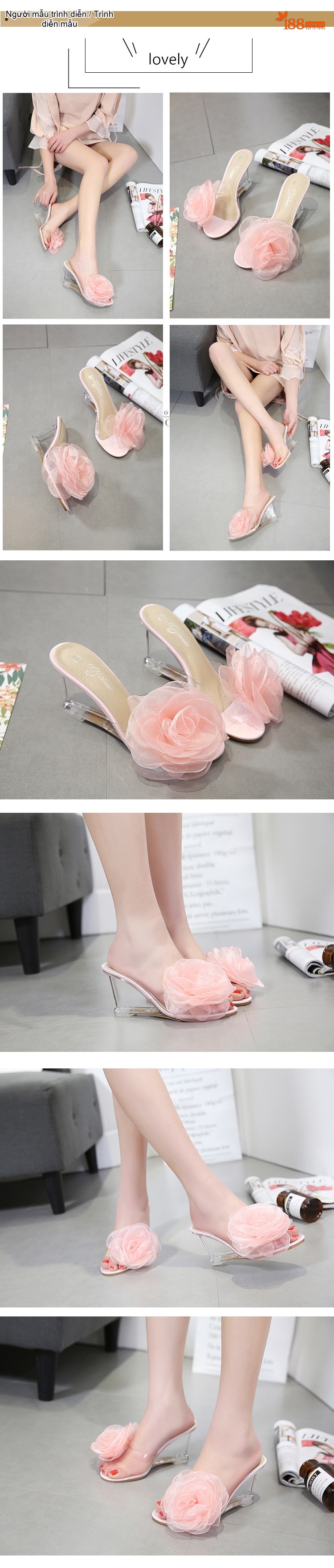Giày Sandal Cao Gót Nữ Đế Xuồng Quai Trong Suốt Đính Hoa Gót Cao 8cm Màu Đen, Kem, Hồng, Trắng... chi tiết 2