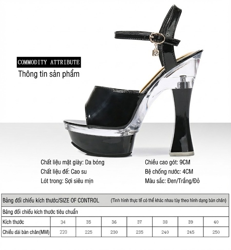 Giày Sandal Cao Gót Nữ Quai Hậu Đế Xuồng Gót Cao 10cm-12cm Da Bóng Màu Đen, Đỏ, Trắng chi tiết 2
