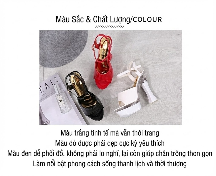 Giày Sandal Cao Gót Nữ Quai Hậu Đế Xuồng Gót Cao 10cm-12cm Da Bóng Màu Đen, Đỏ, Trắng chi tiết 3