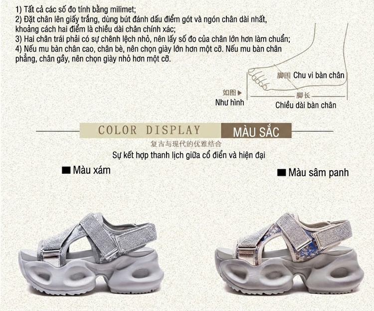 Dép Sandal Nữ Hở Ngón Quai Ngang Đính Đá Đế Cao 4cm - 5cm Màu Xám chi tiết 3