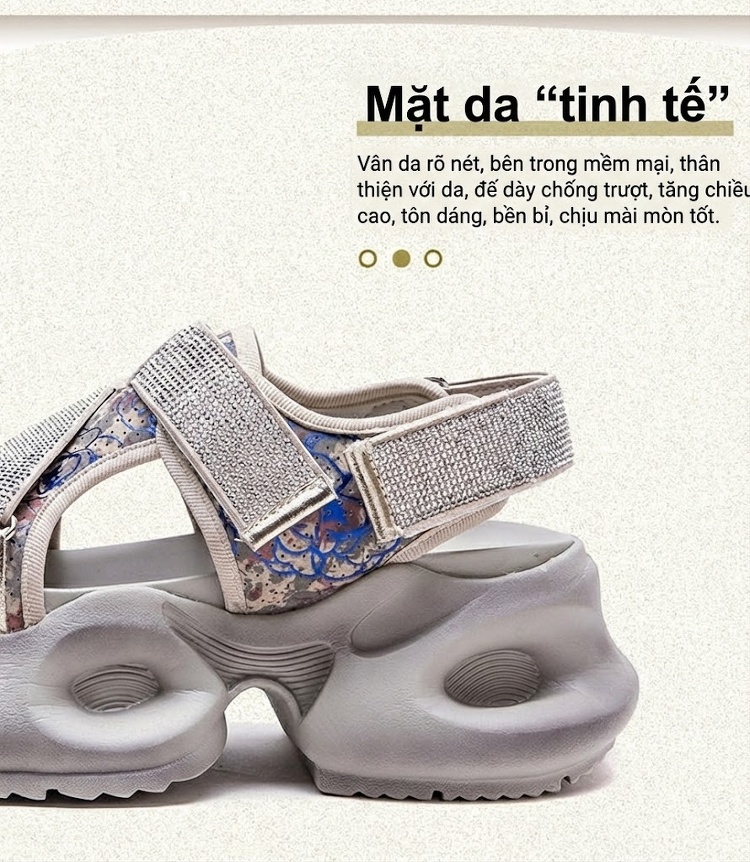 Dép Sandal Nữ Hở Ngón Quai Ngang Đính Đá Đế Cao 4cm - 5cm Màu Xám chi tiết 4