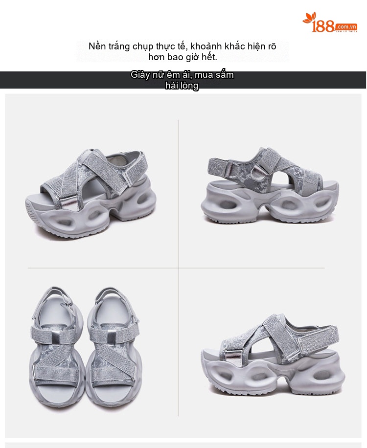 Dép Sandal Nữ Hở Ngón Quai Ngang Đính Đá Đế Cao 4cm - 5cm Màu Xám chi tiết 17