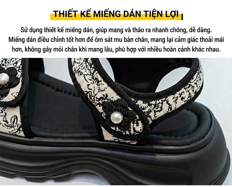Dép Sandal Nữ Quai Ngang Phong Cách Retro Đế Cao 4cm - 5cm Màu Đen, Trắng chi tiết 12