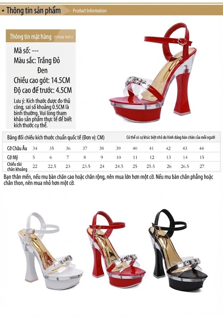 Giày Sandal Cao Gót Nữ Quai Trong Suốt Đế Xuồng Gót Thô Đính Đá Gót Cao 10cm - 12cm Màu Đen, Trắng, Đỏ chi tiết 3