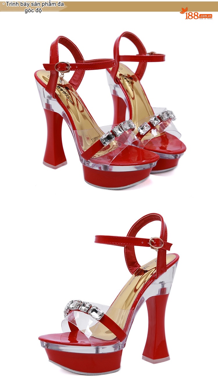 Giày Sandal Cao Gót Nữ Quai Trong Suốt Đế Xuồng Gót Thô Đính Đá Gót Cao 10cm - 12cm Màu Đen, Trắng, Đỏ chi tiết 14
