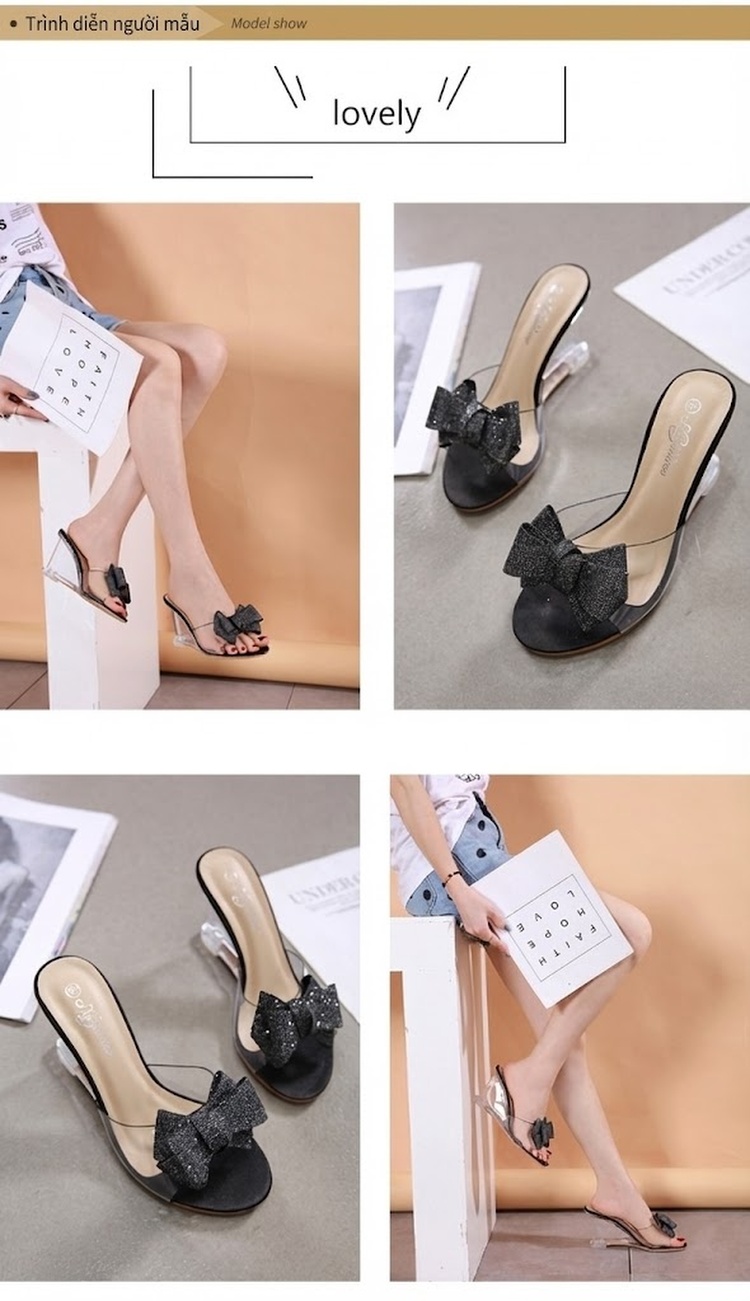 Giày Sandal Cao Gót Nữ Quai Trong Suốt Đính Nơ Gót Cao 8cm Màu Đen, Bạc, Vàng chi tiết 4