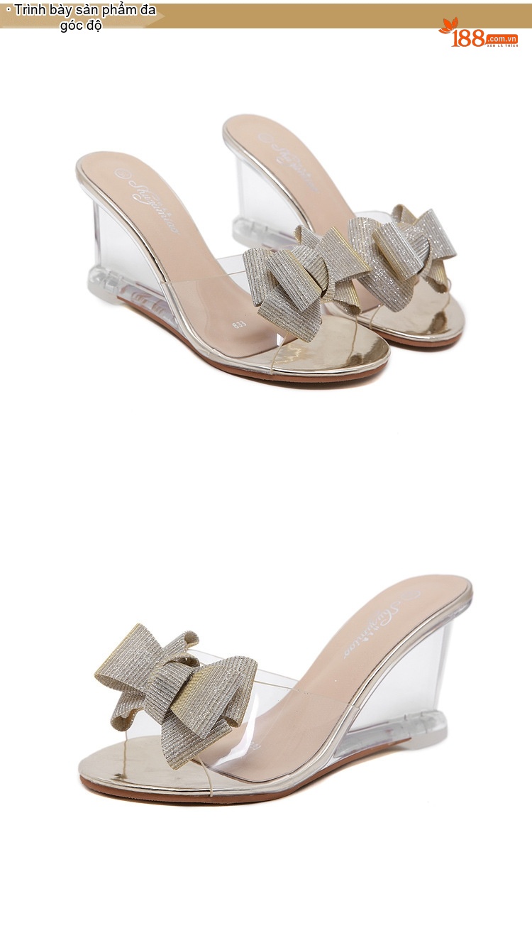 Giày Sandal Cao Gót Nữ Quai Trong Suốt Đính Nơ Gót Cao 8cm Màu Đen, Bạc, Vàng chi tiết 15