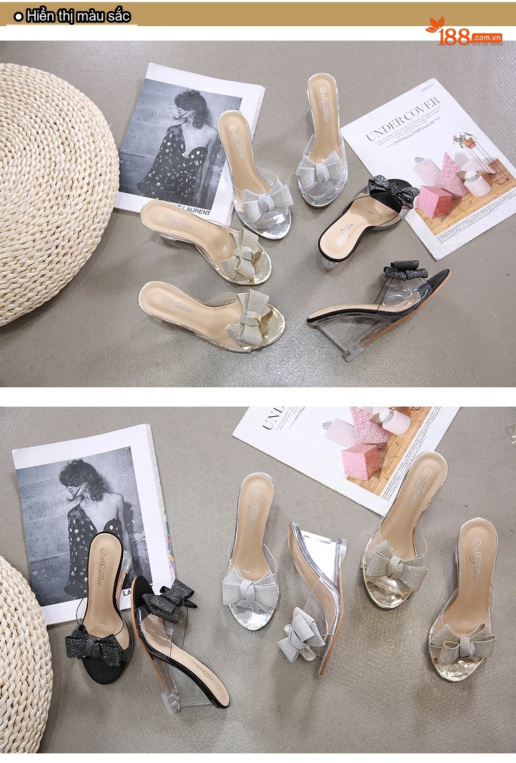 Giày Sandal Cao Gót Nữ Quai Trong Suốt Đính Nơ Gót Cao 8cm Màu Đen, Bạc, Vàng chi tiết 1