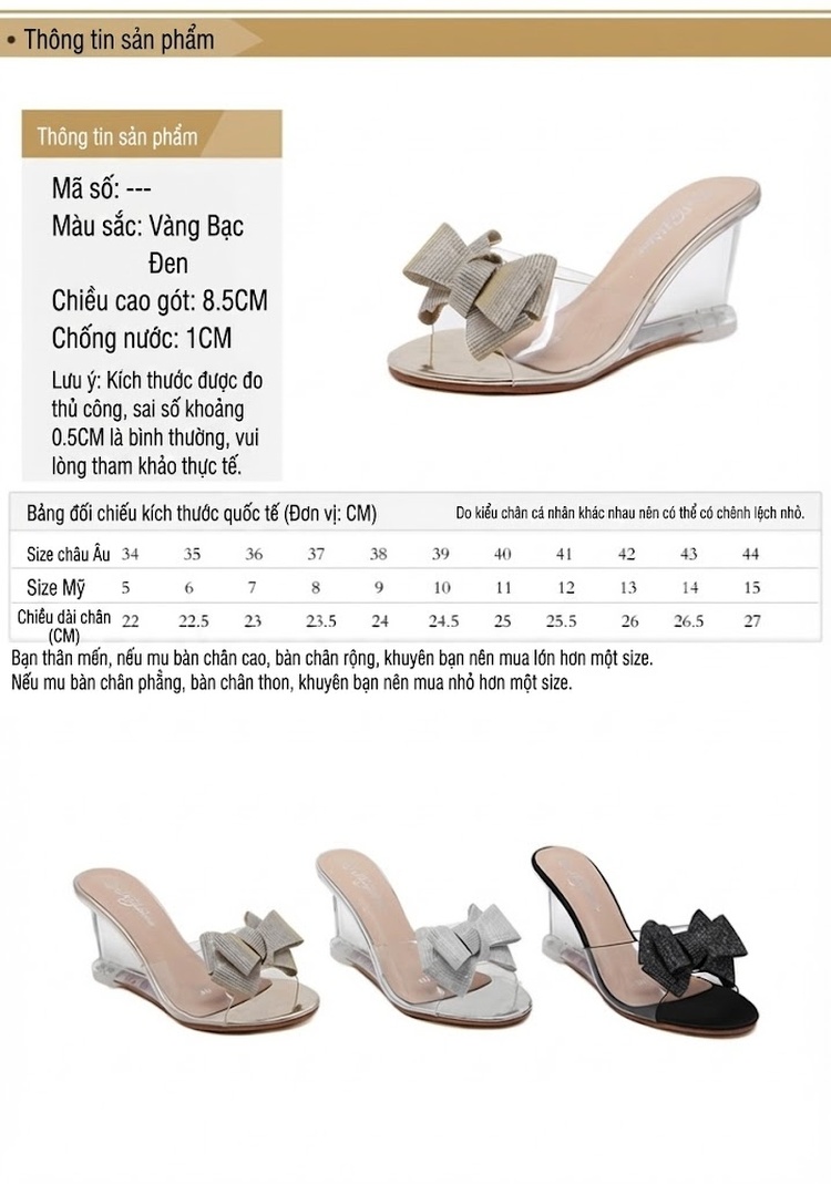 Giày Sandal Cao Gót Nữ Quai Trong Suốt Đính Nơ Gót Cao 8cm Màu Đen, Bạc, Vàng chi tiết 3