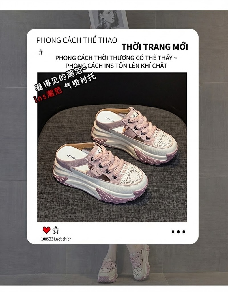 Dép sục bánh mì nữ đế dày tăng chiều cao 5cm phong cách thể thao chi tiết 3