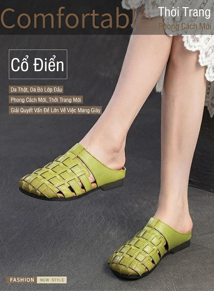 Dép Sục Nữ Da Bò Đan Thủ Công Hở Mũi Chiều Cao Đế Khoảng 1cm Màu Trắng, Nâu, Xanh Lá chi tiết 1