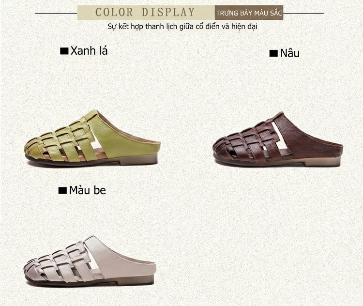 Dép Sục Nữ Da Bò Đan Thủ Công Hở Mũi Chiều Cao Đế Khoảng 1cm Màu Trắng, Nâu, Xanh Lá chi tiết 2