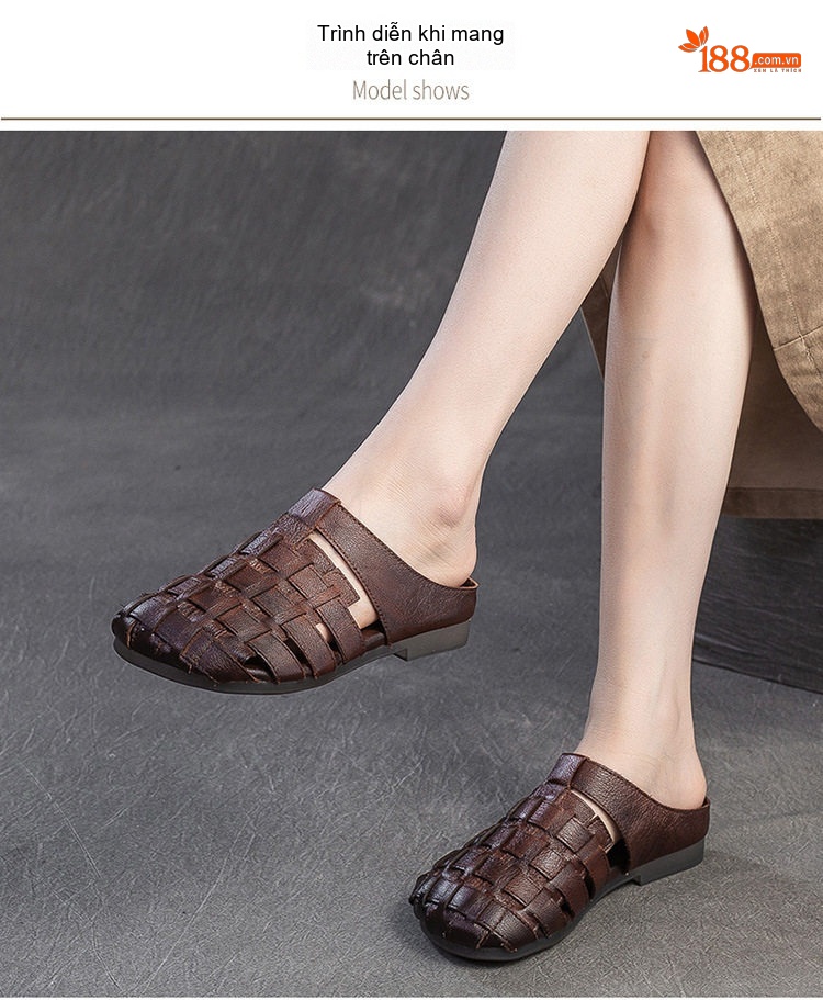 Dép Sục Nữ Da Bò Đan Thủ Công Hở Mũi Chiều Cao Đế Khoảng 1cm Màu Trắng, Nâu, Xanh Lá chi tiết 7