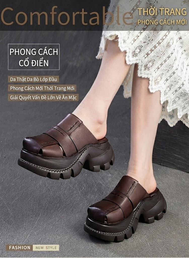 Dép Sục Nữ Da Bò Đế Bệt Chiều Cao Đế Khoảng 6cm Phong Cách La Mã Màu Đen, Nâu chi tiết 1