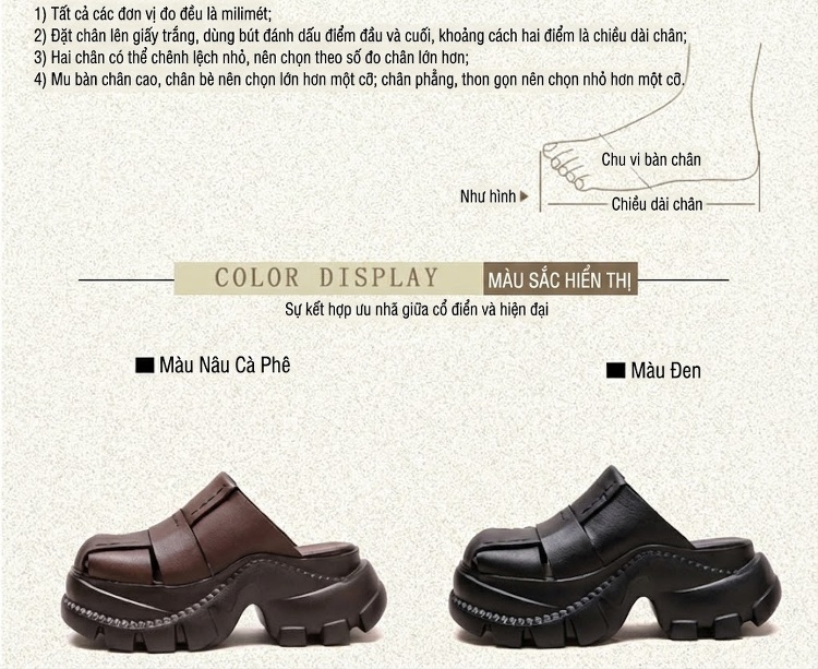 Dép Sục Nữ Da Bò Đế Bệt Chiều Cao Đế Khoảng 6cm Phong Cách La Mã Màu Đen, Nâu chi tiết 2