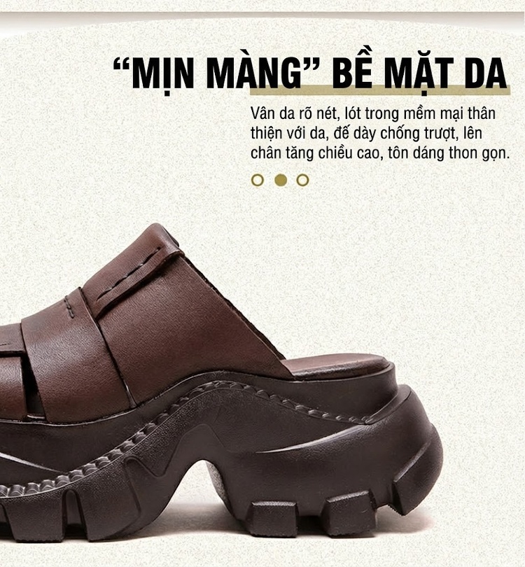 Dép Sục Nữ Da Bò Đế Bệt Chiều Cao Đế Khoảng 6cm Phong Cách La Mã Màu Đen, Nâu chi tiết 3