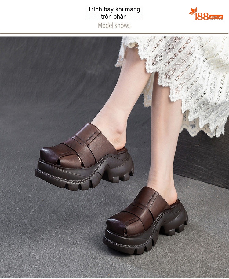 Dép Sục Nữ Da Bò Đế Bệt Chiều Cao Đế Khoảng 6cm Phong Cách La Mã Màu Đen, Nâu chi tiết 7