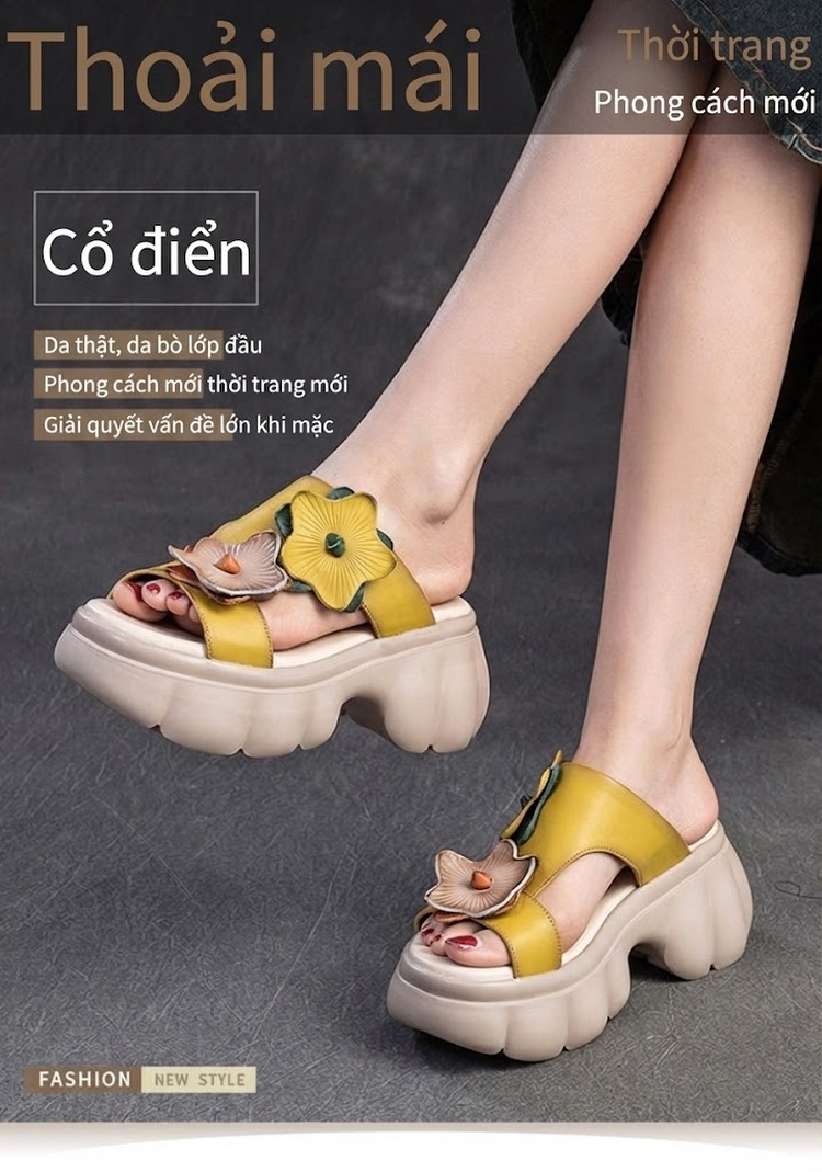 Dép Sục Nữ Da Bò Đế Xuồng Chiều Cao Đế Khoảng 6cm Họa Tiết Hoa Màu Đen, Vàng, Kem chi tiết 1