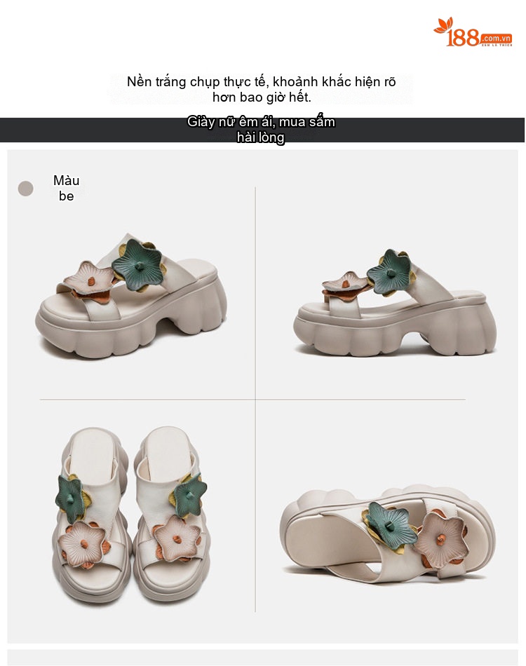 Dép Sục Nữ Da Bò Đế Xuồng Chiều Cao Đế Khoảng 6cm Họa Tiết Hoa Màu Đen, Vàng, Kem chi tiết 15