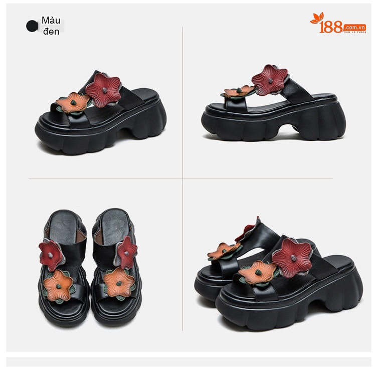 Dép Sục Nữ Da Bò Đế Xuồng Chiều Cao Đế Khoảng 6cm Họa Tiết Hoa Màu Đen, Vàng, Kem chi tiết 16