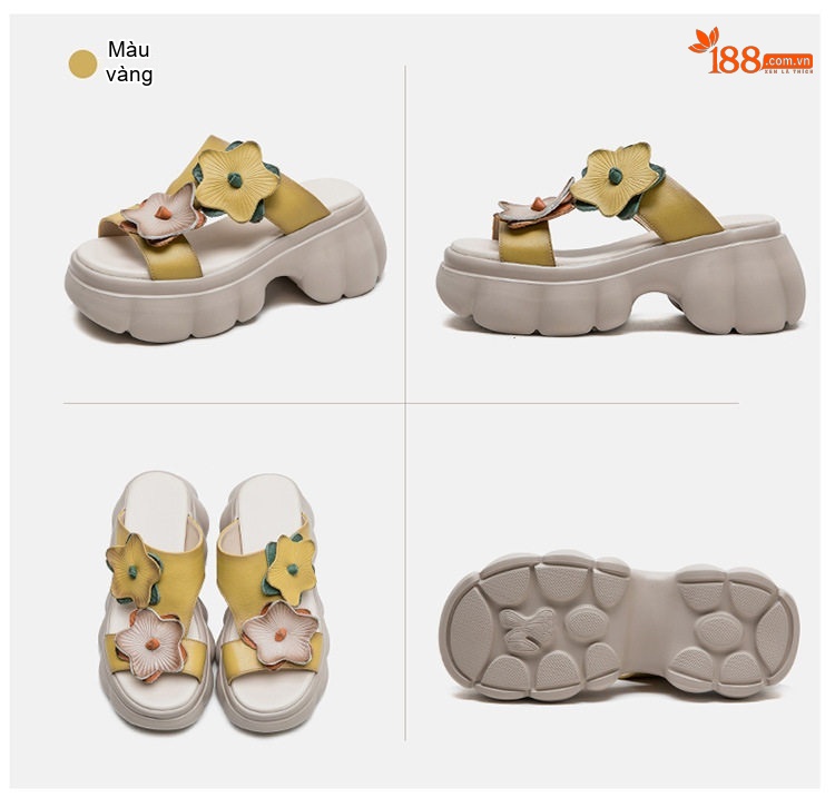 Dép Sục Nữ Da Bò Đế Xuồng Chiều Cao Đế Khoảng 6cm Họa Tiết Hoa Màu Đen, Vàng, Kem chi tiết 17