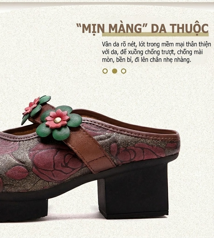 Dép Sục Nữ Da Bò Họa Tiết Hoa Chiều Cao Đế Khoảng 4cm Màu Đỏ, Nâu, Xanh Lá chi tiết 3