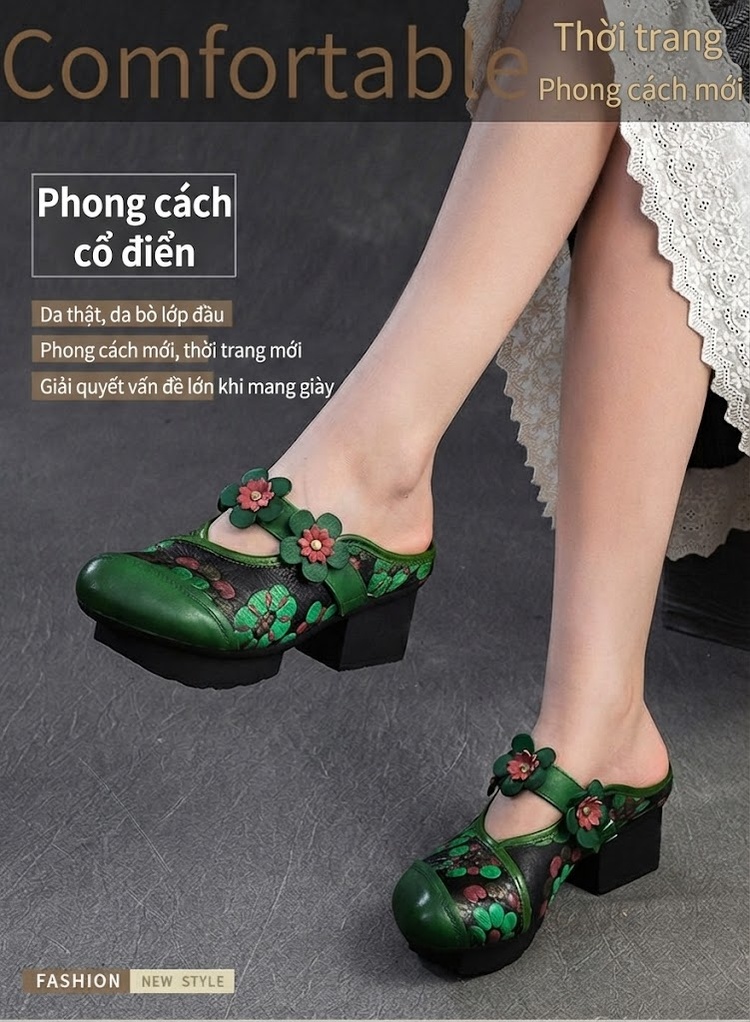 Dép Sục Nữ Da Bò Họa Tiết Hoa Chiều Cao Đế Khoảng 4cm Màu Đỏ, Nâu, Xanh Lá chi tiết 1
