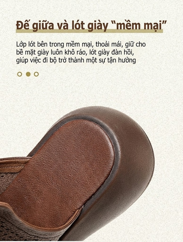 Dép Sục Nữ Da Bò Lỗ Thoáng Khí Đế Dày Phong Cách Retro Chiều Cao Đế Khoảng 5cm Màu Nâu, Kem, Đen chi tiết 5