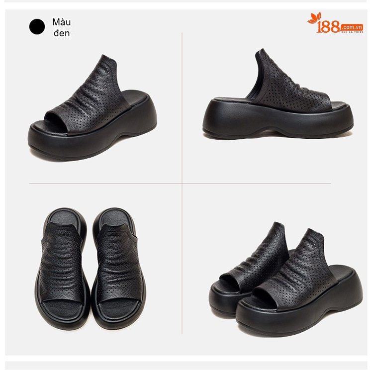 Dép Sục Nữ Da Bò Lỗ Thoáng Khí Đế Dày Phong Cách Retro Chiều Cao Đế Khoảng 5cm Màu Nâu, Kem, Đen chi tiết 14