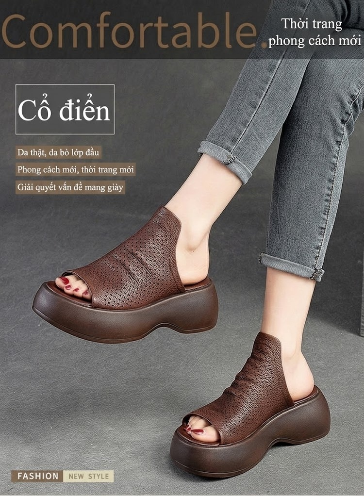 Dép Sục Nữ Da Bò Lỗ Thoáng Khí Đế Dày Phong Cách Retro Chiều Cao Đế Khoảng 5cm Màu Nâu, Kem, Đen chi tiết 1