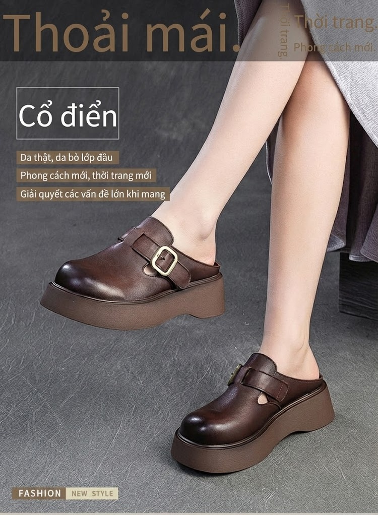Dép Sục Nữ Da Bóng Đế Dày Phong Cách Anh Quốc Chiều Cao Đế Khoảng 5cm Màu Đen, Nâu chi tiết 1