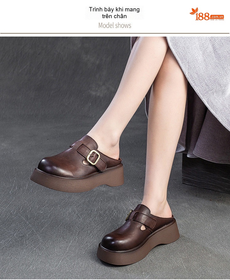 Dép Sục Nữ Da Bóng Đế Dày Phong Cách Anh Quốc Chiều Cao Đế Khoảng 5cm Màu Đen, Nâu chi tiết 7