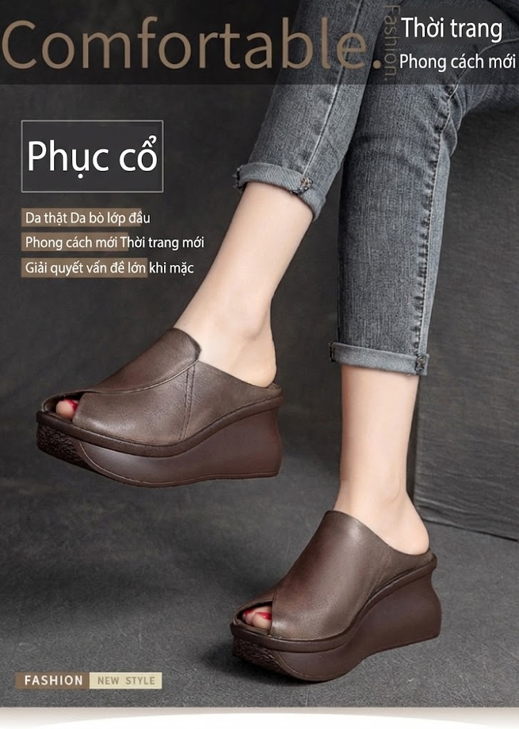 Dép Sục Nữ Da Bóng Hở Mũi Đế Xuồng Chiều Cao Đế Khoảng 6cm Màu Nâu chi tiết 1