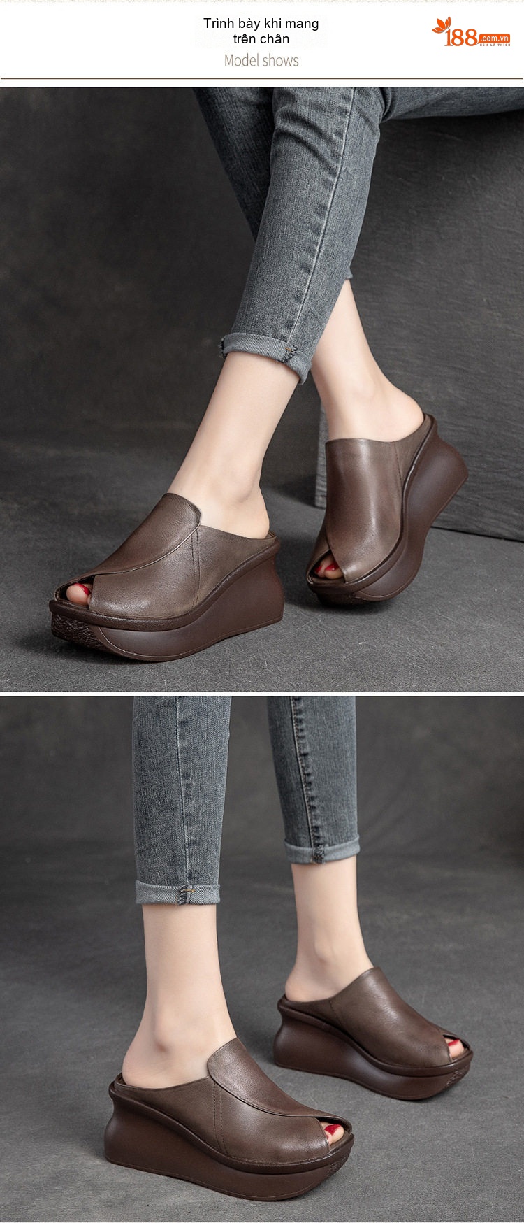 Dép Sục Nữ Da Bóng Hở Mũi Đế Xuồng Chiều Cao Đế Khoảng 6cm Màu Nâu chi tiết 6