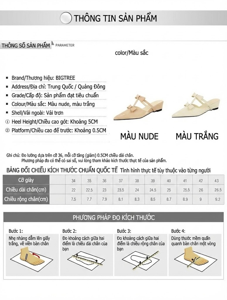 Dép Sục Nữ Da Bóng Mũi Nhọn Đế Xuồng Chiều Cao Đế Khoảng 5cm Quai Nơ Màu Kem chi tiết 1