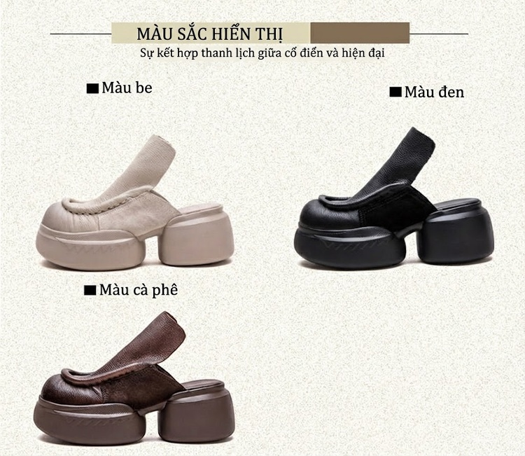 Dép Sục Nữ Da Mờ Đế Bánh Mì Chiều Cao Đế Khoảng 6cm Phong Cách Retro Màu Be, Đen, Nâu chi tiết 3