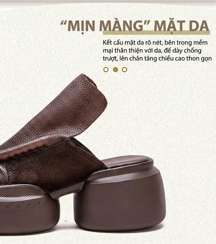 Dép Sục Nữ Da Mờ Đế Bánh Mì Chiều Cao Đế Khoảng 6cm Phong Cách Retro Màu Be, Đen, Nâu chi tiết 4