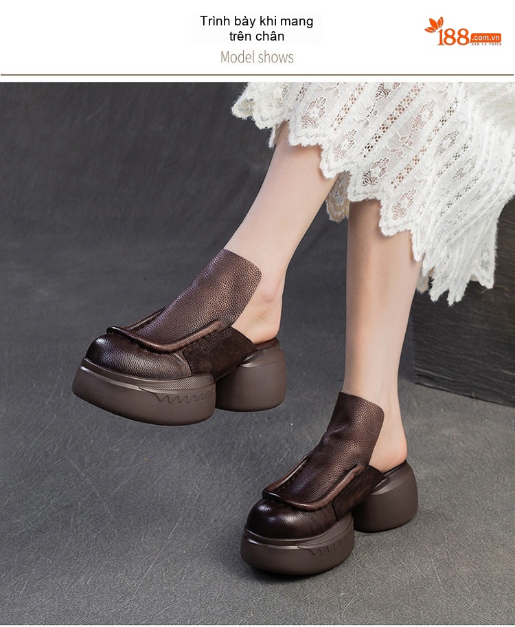 Dép Sục Nữ Da Mờ Đế Bánh Mì Chiều Cao Đế Khoảng 6cm Phong Cách Retro Màu Be, Đen, Nâu chi tiết 8