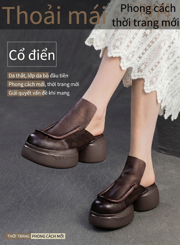 Dép Sục Nữ Da Mờ Đế Bánh Mì Chiều Cao Đế Khoảng 6cm Phong Cách Retro Màu Be, Đen, Nâu chi tiết 2