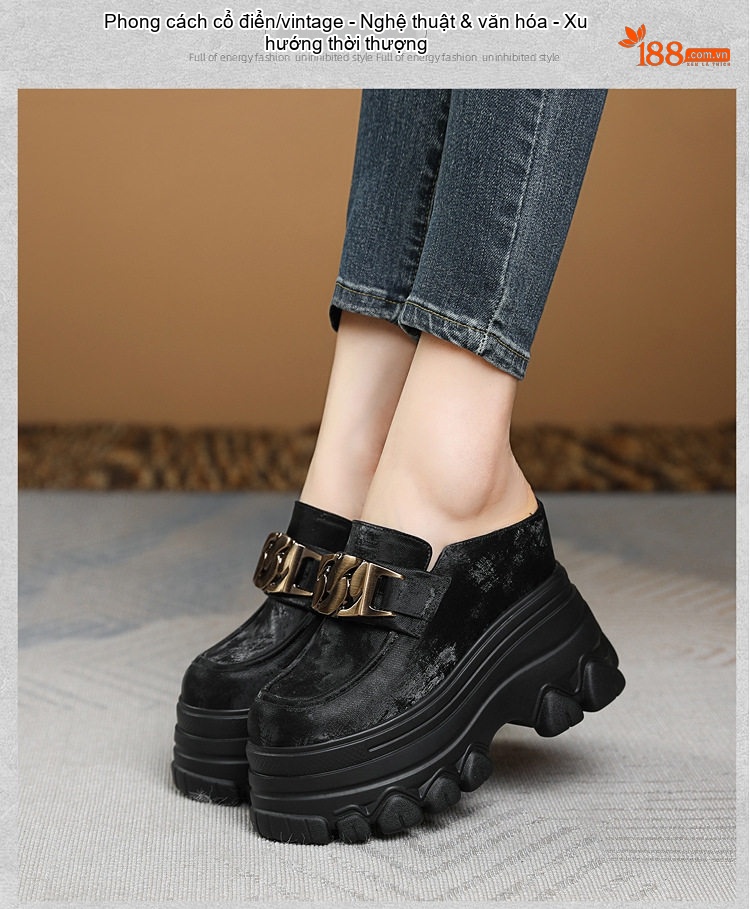 Dép Sục Nữ Da Mờ Đế Dày Tăng Chiều Cao 12cm Phong Cách Casual Màu Be, Đen, Nâu chi tiết 4
