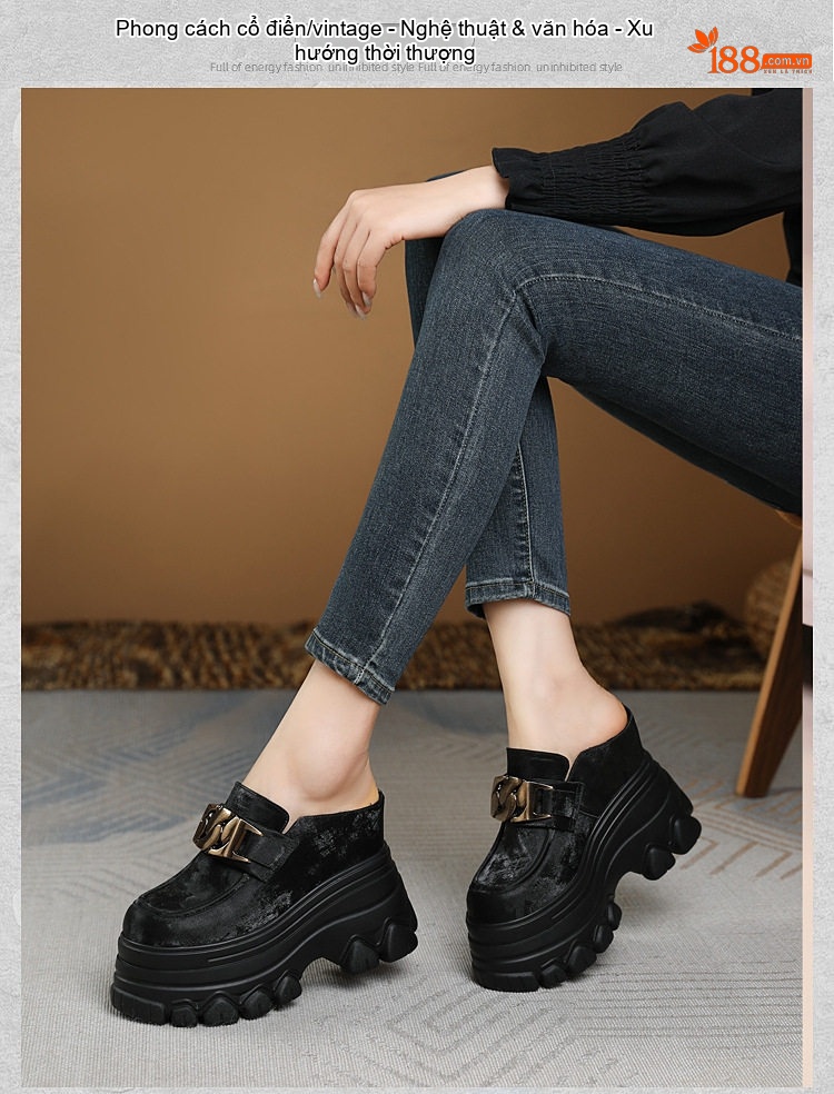 Dép Sục Nữ Da Mờ Đế Dày Tăng Chiều Cao 12cm Phong Cách Casual Màu Be, Đen, Nâu chi tiết 5
