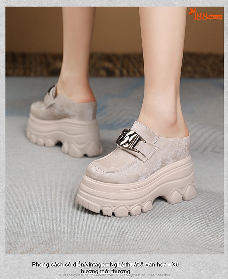Dép Sục Nữ Da Mờ Đế Dày Tăng Chiều Cao 12cm Phong Cách Casual Màu Be, Đen, Nâu chi tiết 9
