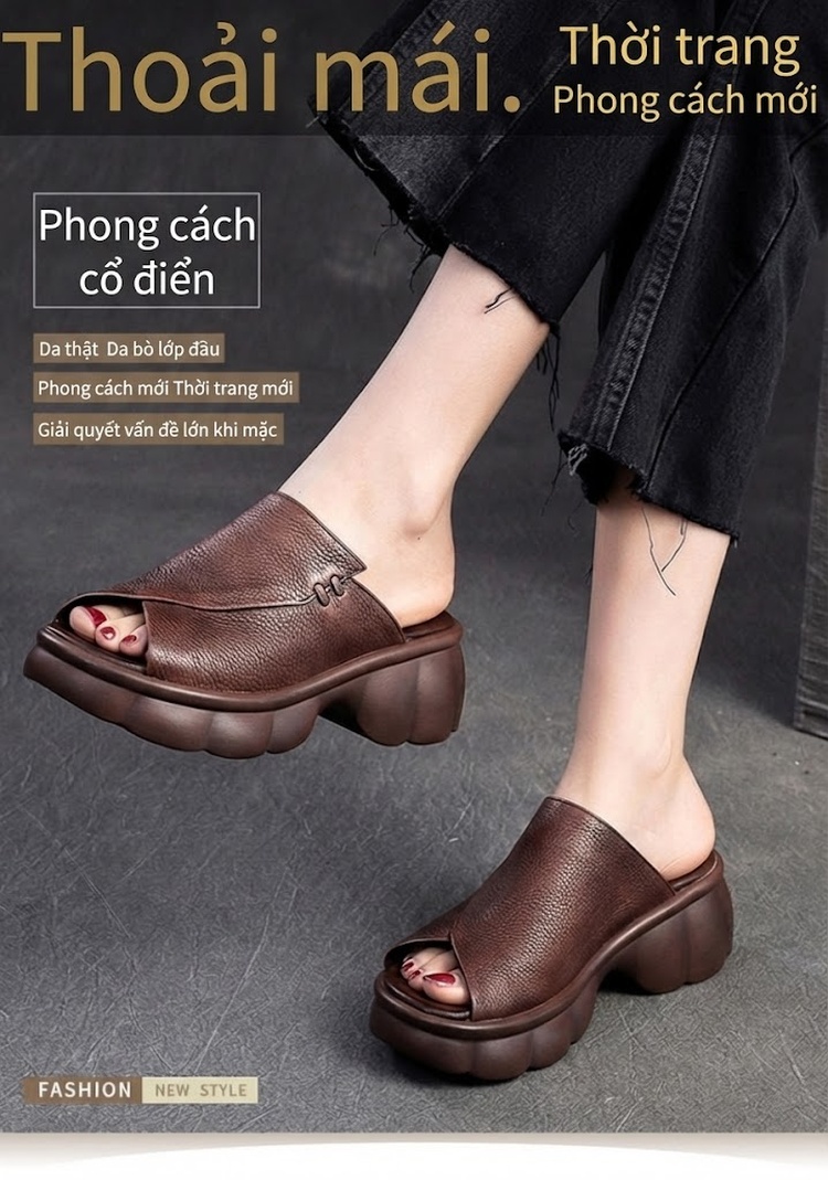 Dép Sục Nữ Da Mờ Hở Mũi Chiều Cao Đế Khoảng 5cm Màu Đen, Nâu chi tiết 1