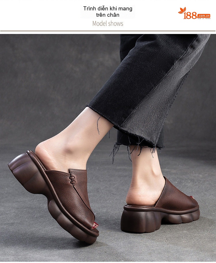 Dép Sục Nữ Da Mờ Hở Mũi Chiều Cao Đế Khoảng 5cm Màu Đen, Nâu chi tiết 6