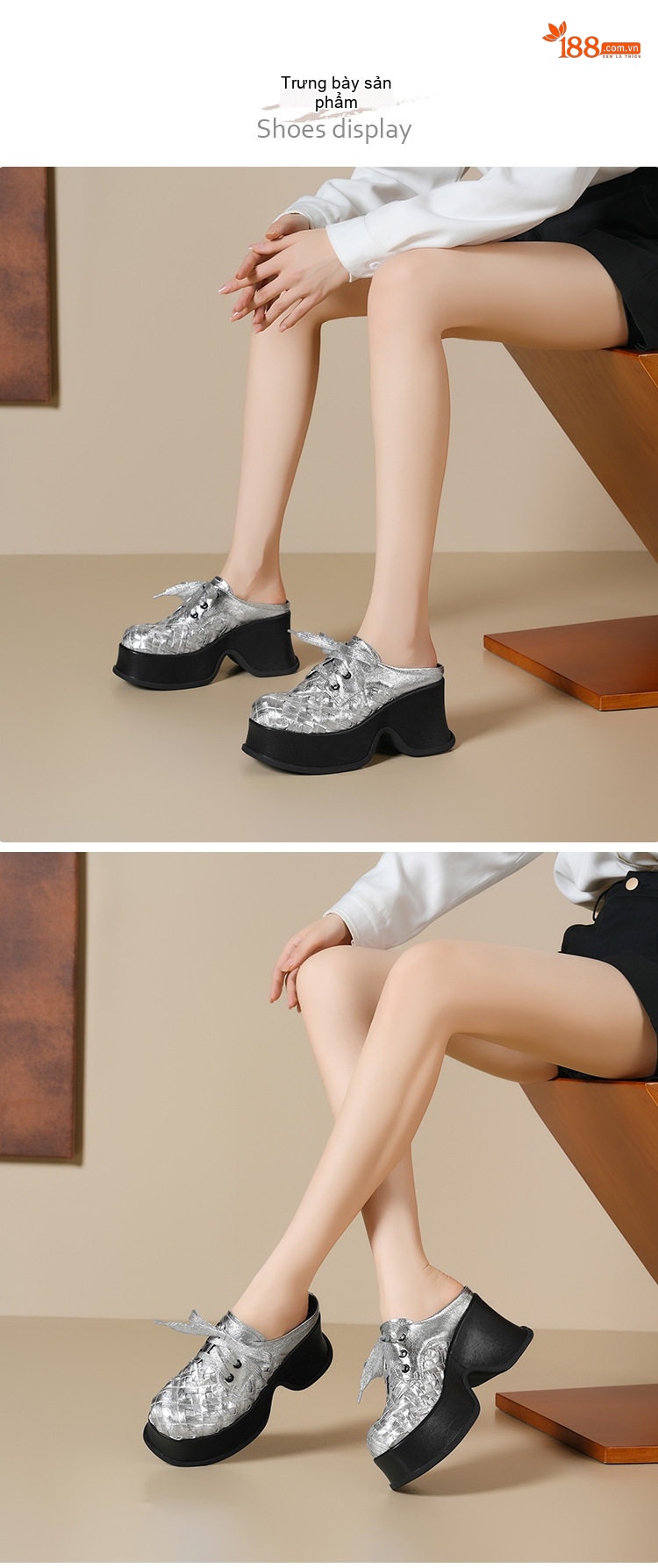 Dép Sục Nữ Da Thật Bện Dây Chiều Cao Đế Khoảng 6cm Màu Đen, Bạc chi tiết 2