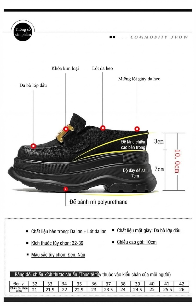 Dép Sục Nữ Da Thật Đế Xuồng Chiều Cao Đế Khoảng 6cm Màu Nâu, Đen chi tiết 1